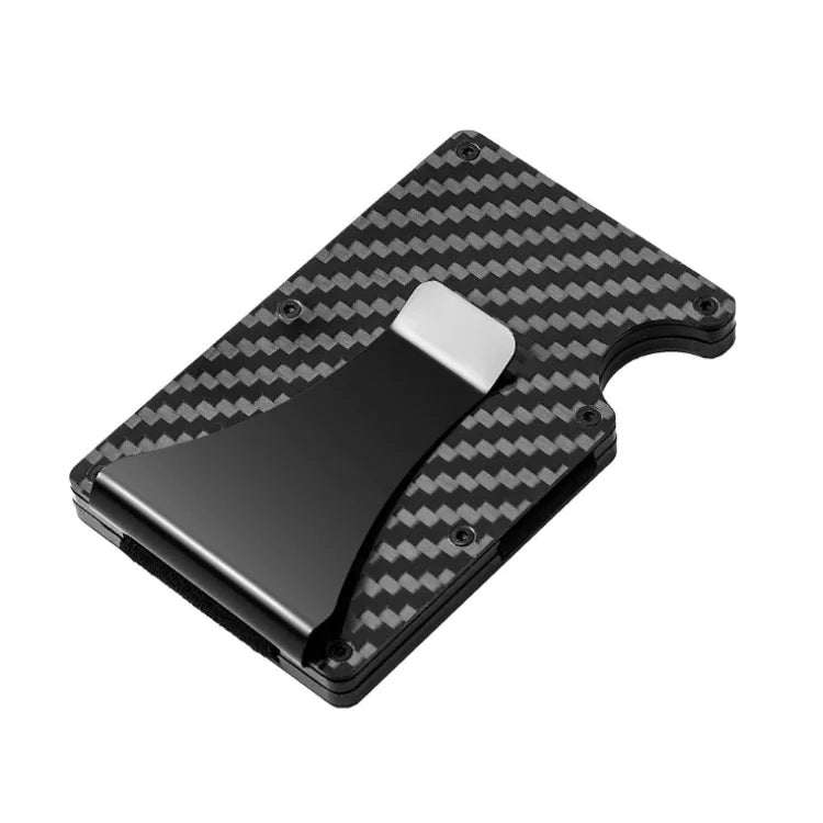 Carbon fiber patterned wallet with a metallic finish on a white background