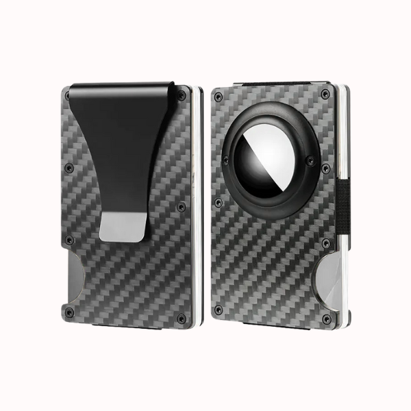 Carbon fiber patterned wallet with a metallic finish on a white background