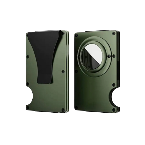 Green and black metal wallet on a white background