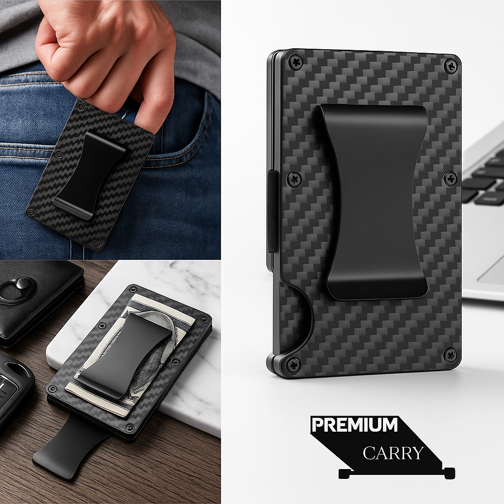 Carbon fiber wallet with money clip feature, shown in use and on a surface.