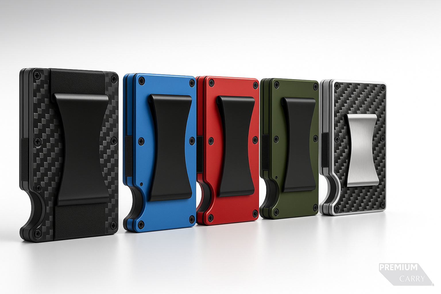 Five different colored metal card holders on a white background