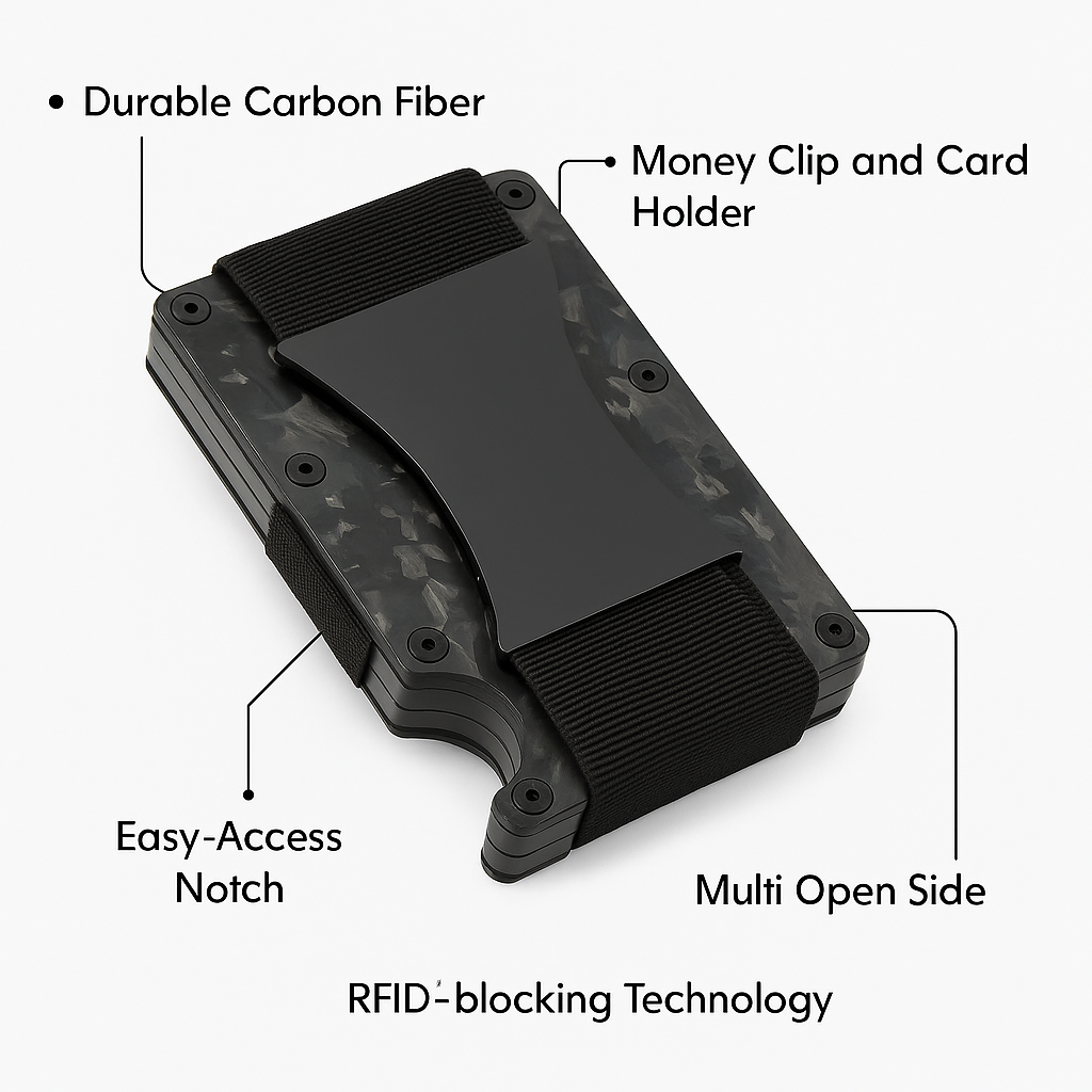 Black money clip with labeled features on a white background
