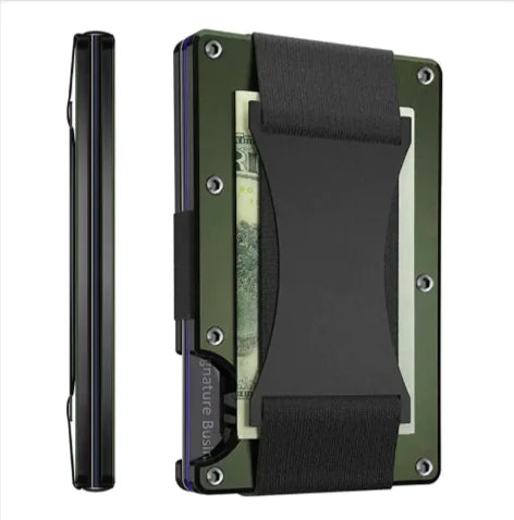 Green and black wallet with money clip on a white background